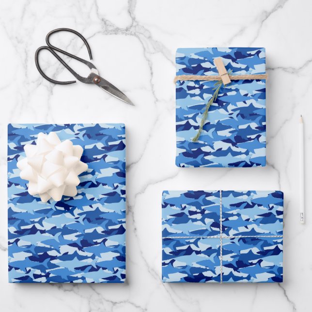 Blue Shark Pattern Wrapping Paper Sheet (Front)