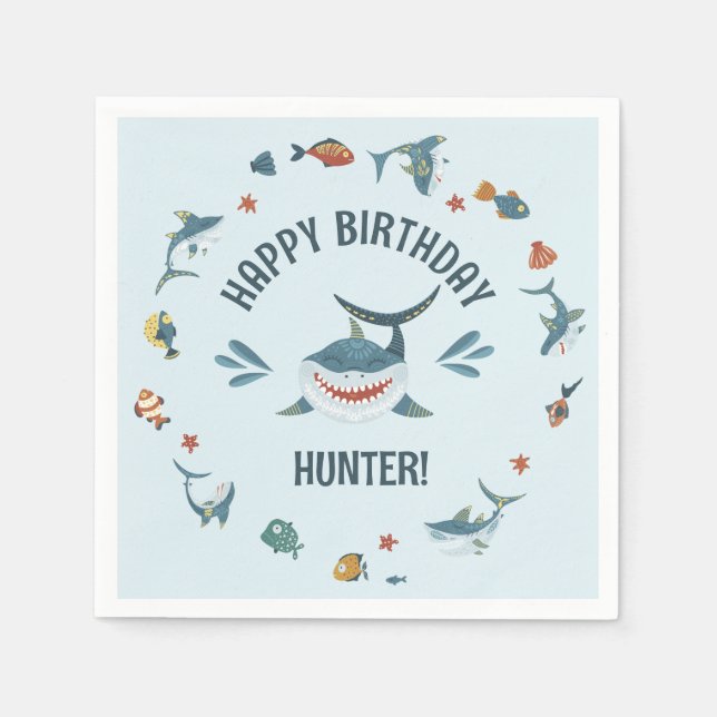 Blue Shark Themed Birthday Party Napkins (Front)