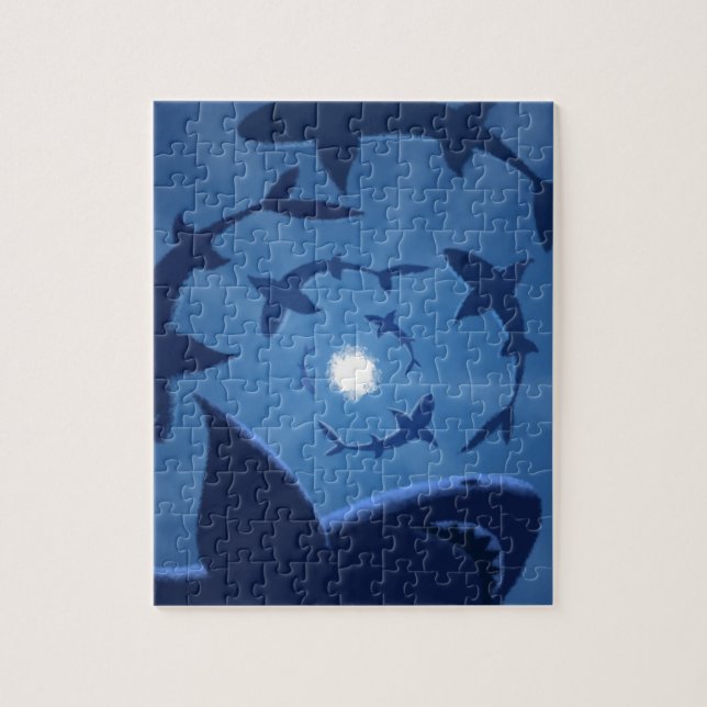 Blue Shark White Moon Undersea Jigsaw Puzzle (Vertical)