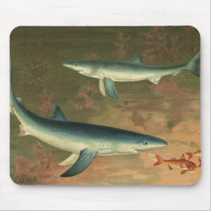 Blue Sharks Eating Fish, Vintage Marine Life Mouse Mat