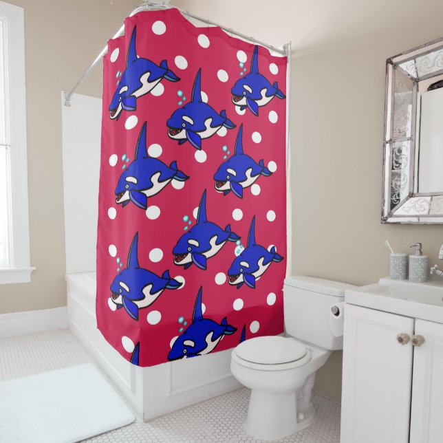 Blue Sharks Red Shower Curtain (In Situ)