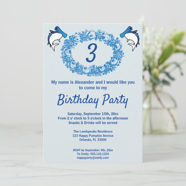 Blue Sharks & Rose Wreath for Birthday Invitation (Standing Front)