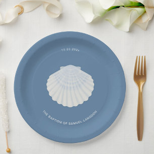 Blue shell baptism christening Paper Plate