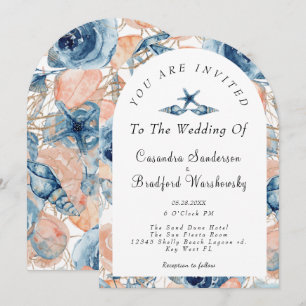 Blue Shell Flowers Watercolor Beach Wedding Invitation