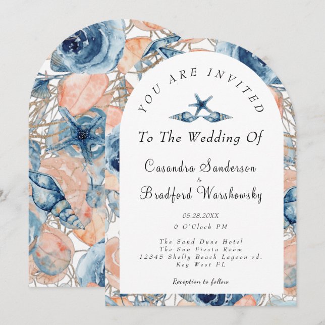 Blue Shell Flowers Watercolor Beach Wedding Invitation (Front/Back)