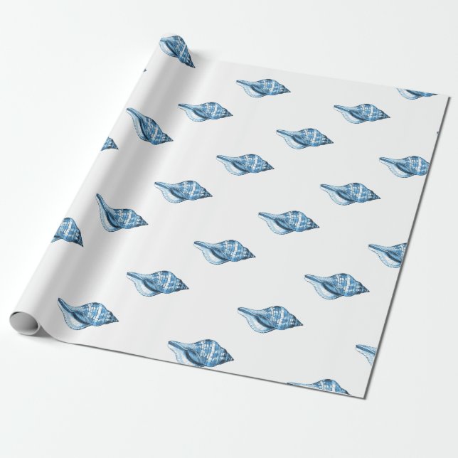 Blue shell nautical coastal beach sea ocean wrapping paper (Unrolled)
