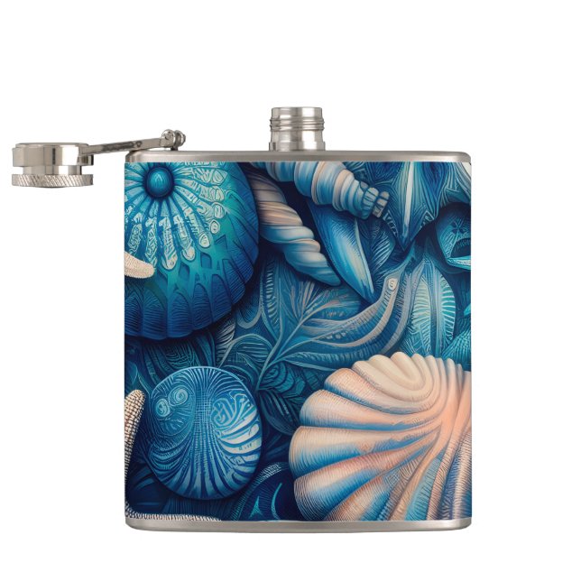 Blue Shells Beach Batik Starfish Sand Dollar Hip Flask (Opened)