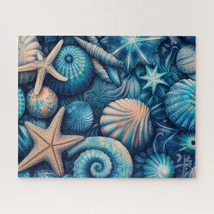 Blue Shells Beach Batik Starfish Sand Dollar Jigsaw Puzzle