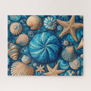 Blue Shells Beach Batik Starfish Sand Dollar Jigsaw Puzzle