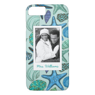 Blue Shells & Starfish Pattern   Your Photo & Name iPhone 8/7 Case