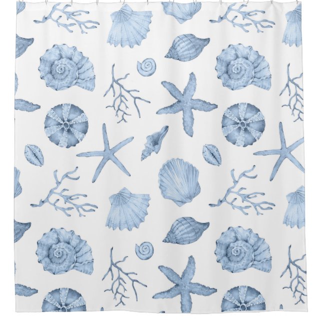 Blue Shells Watercolor Shower Curtain (Front)