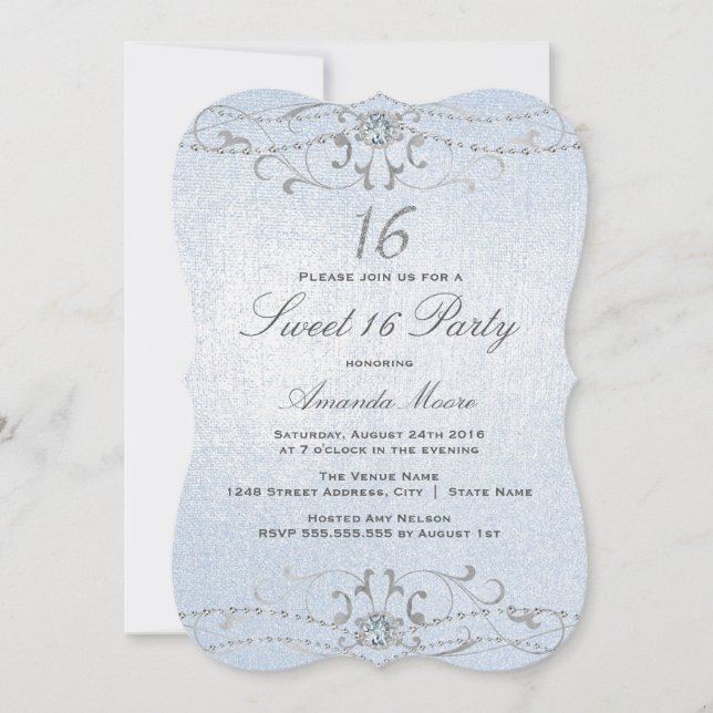 Blue Shimmer Diamond Damask Sweet 16 Invitation (Front)
