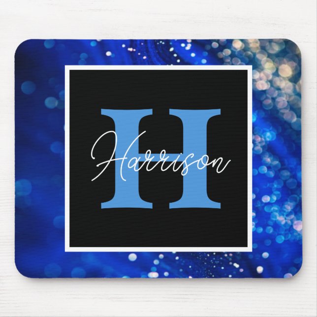 Blue Shimmer Name & Monogram  Mouse Mat (Front)