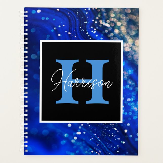Blue Shimmer Name & Monogram  Planner (Front)