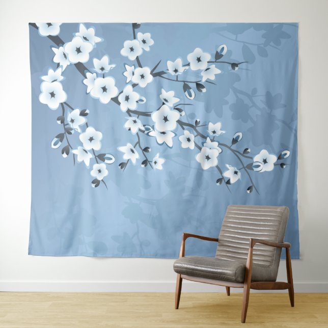 Blue Shimmering Cherry Blossom Tapestry (In Situ (Horizontal))