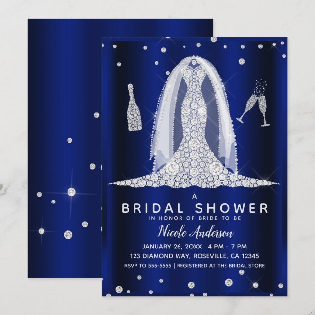 Blue Shine Diamond Wedding Dress Bridal Shower Invitation (Front/Back)