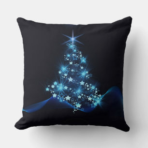 Blue Shine of Stars on Christmas Tree Dark Cushion