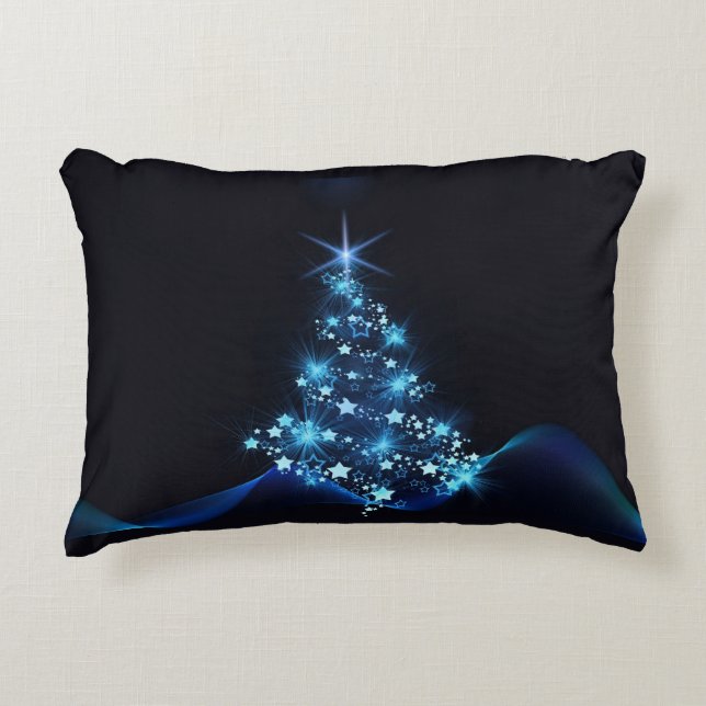 Blue Shine of Stars on Christmas Tree Dark  Decorative Cushion (Front)