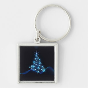 Blue Shine of Stars on Christmas Tree Dark Key Ring