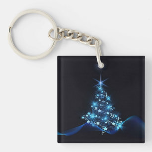 Blue Shine of Stars on Christmas Tree Dark Key Ring