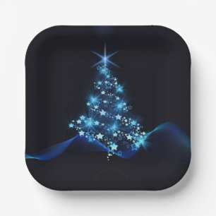 Blue Shine of Stars on Christmas Tree Dark Paper Plate