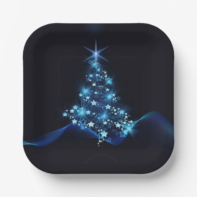 Blue Shine of Stars on Christmas Tree Dark  Paper Plate (Front)