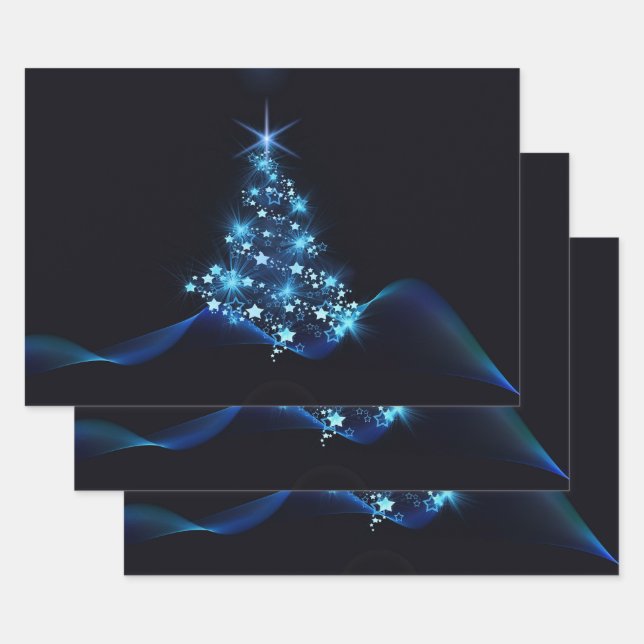 Blue Shine of Stars on Christmas Tree Dark  Wrapping Paper Sheet (Set)