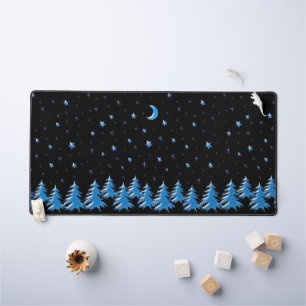 Blue Shine Winter Christmas Trees, Stars on black  Desk Mat