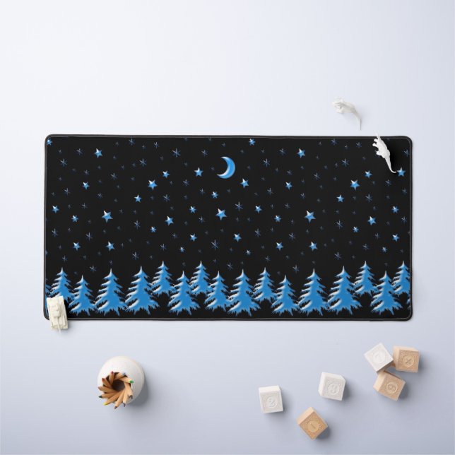 Blue Shine Winter Christmas Trees, Stars on black  Desk Mat (Kids Table)