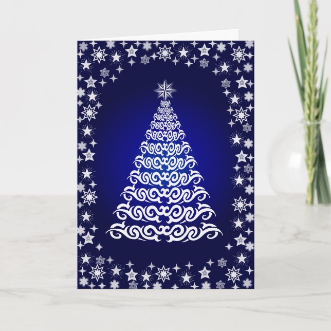 Blue Shining Stars Christmas Tree Greetings Card (Front)