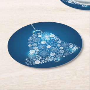 Blue & Shinning White Snowflakes Christmas Bell Round Paper Coaster