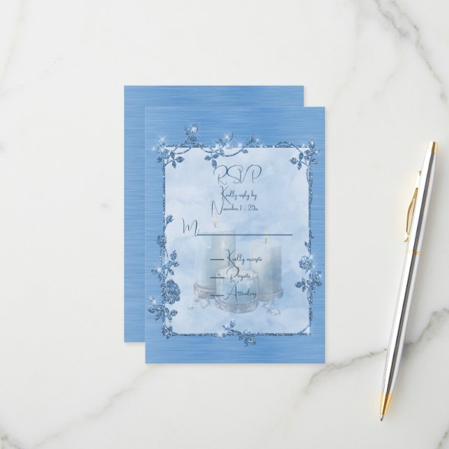 Blue  Shiny Elegant Sparkly Frame  RSVP Card (Front/Back In Situ)