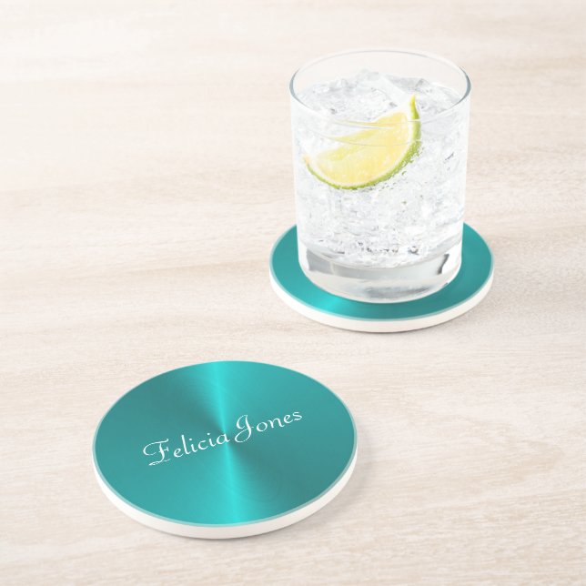 Blue shiny faux metal monogram coaster (Side)