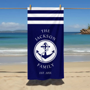 Blue Ship Anchor Stripe Summer Pattern Family Name Beach Towel