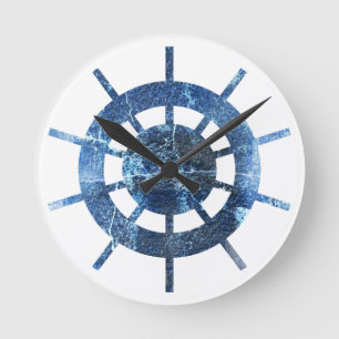 Blue Ship Helm Rust Metal Watch Round Clock