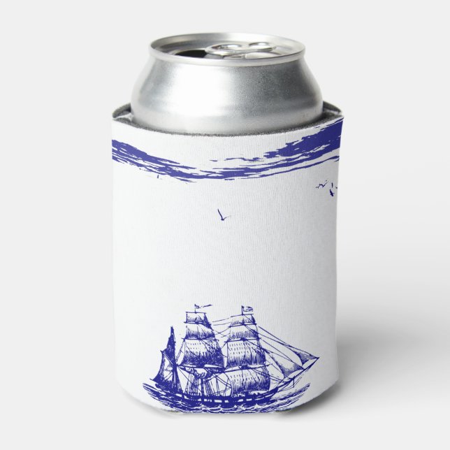 Blue Ship Sailing at Sea Can Cooler (Can Front)