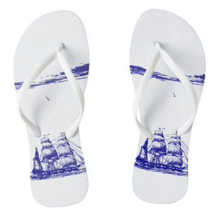 Blue Ship Sailing at Sea Flip Flops