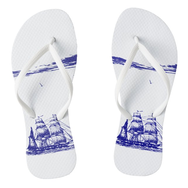 Blue Ship Sailing at Sea Flip Flops (Footbed)