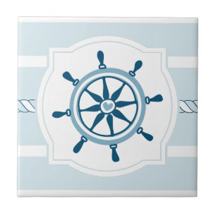 Blue ship wheel nautical stripes ceramic tile