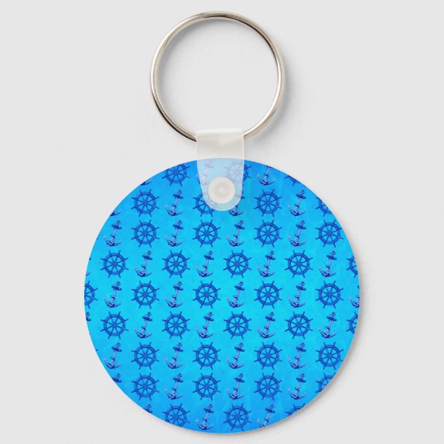 Blue Ships Wheel And Anchor Key Ring (Front)