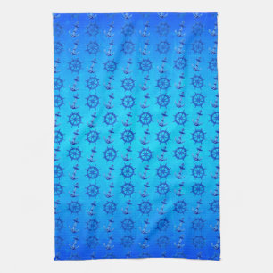 Blue Ships Wheel And Anchor Tea Towel