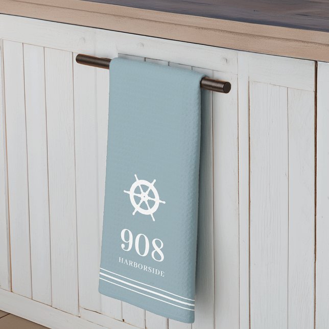 Blue | Ships Wheel House Number & Street Name Tea Towel (Creator Uploaded)