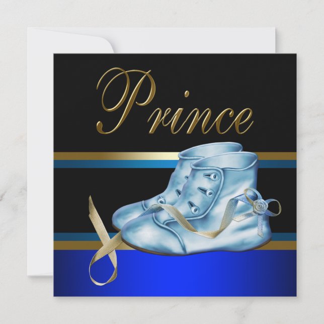 Blue Shoes Black Gold Crown Prince Baby Shower Invitation (Front)