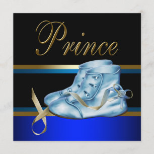 Blue Shoes Black Gold Crown Prince Baby Shower Invitation