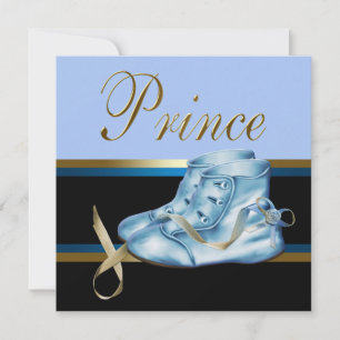Blue Shoes Black Gold Crown Prince Baby Shower Invitation