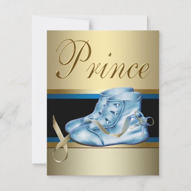 Blue Shoes Black Gold Crown Prince Baby Shower Invitation (Front)