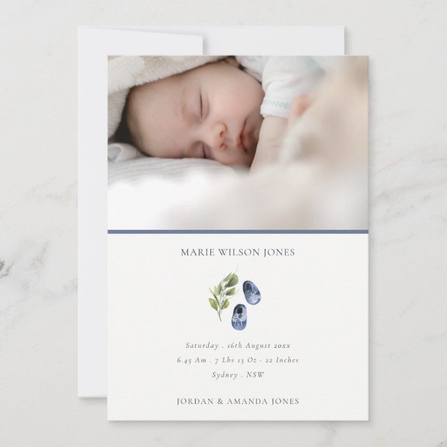 Blue Shoes Foliage Photo Baby Birth Announcement (Front)