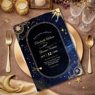 Blue shooting star Celestial sun and moon wedding Invitation