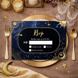 Blue shooting star Celestial sun and moon wedding RSVP Card