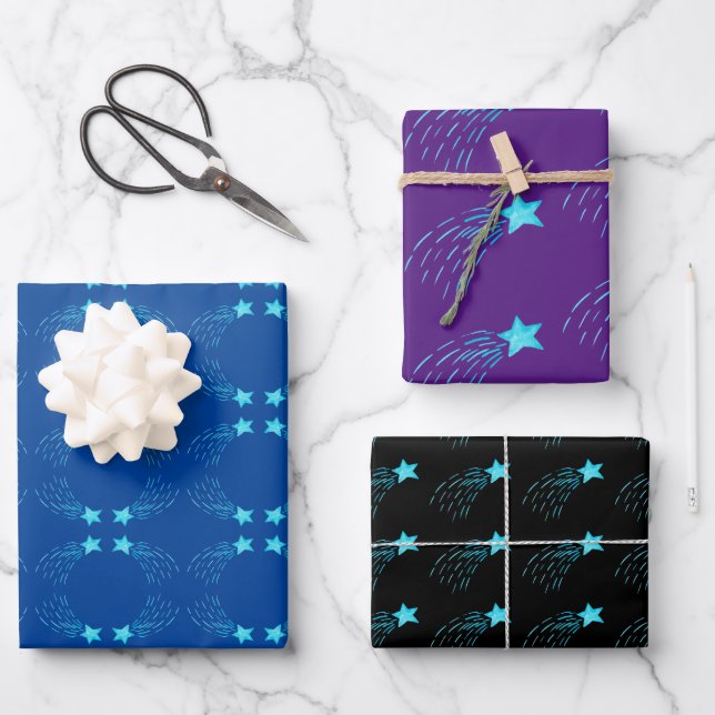 Blue Shooting Stars Wrapping Paper Sheet (Front)